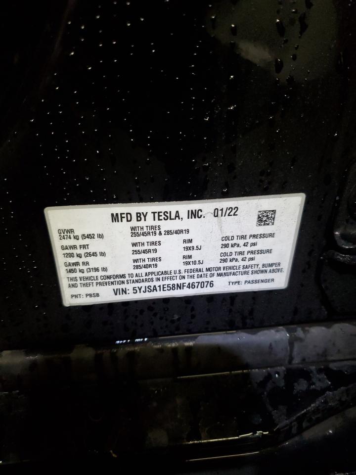 2022 Tesla Model S VIN: 5YJSA1E58NF467076 Lot: 93452795