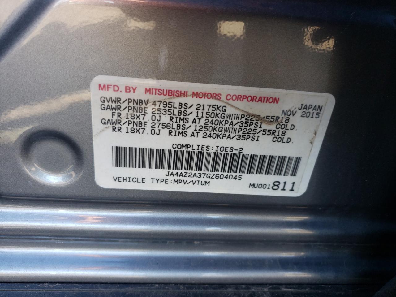 2016 Mitsubishi Outlander Es VIN: JA4AZ2A37GZ604045 Lot: 90583025