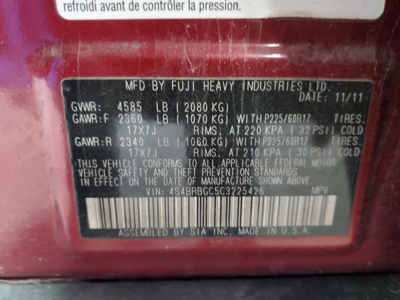 2012 Subaru Outback 2.5I Premium VIN: 4S4BRBGC5C3225426 Lot: 93182115