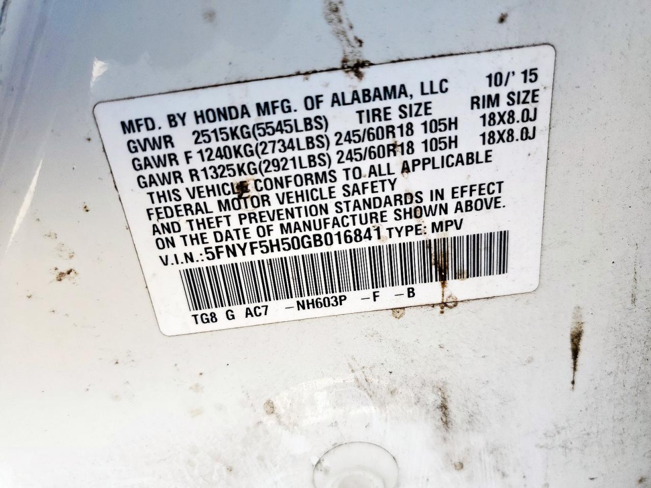 2016 Honda Pilot Exl VIN: 5FNYF5H50GB016841 Lot: 90942095