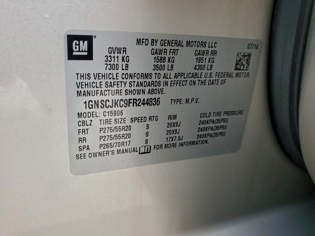 2015 Chevrolet Suburban C1500 Lt VIN: 1GNSCJKC9FR244836 Lot: 93740825