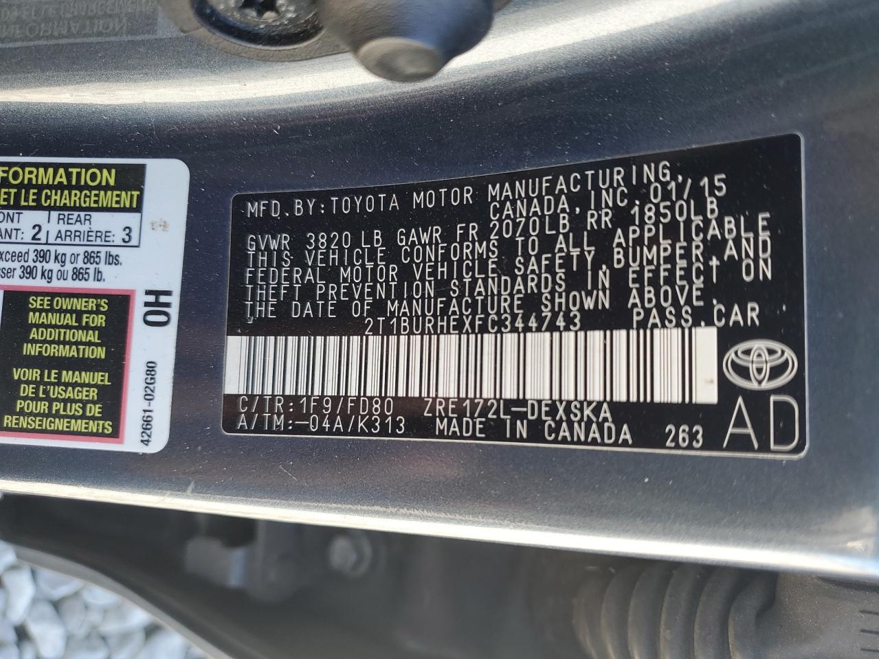 2015 Toyota Corolla L VIN: 2T1BURHEXFC344743 Lot: 92361875