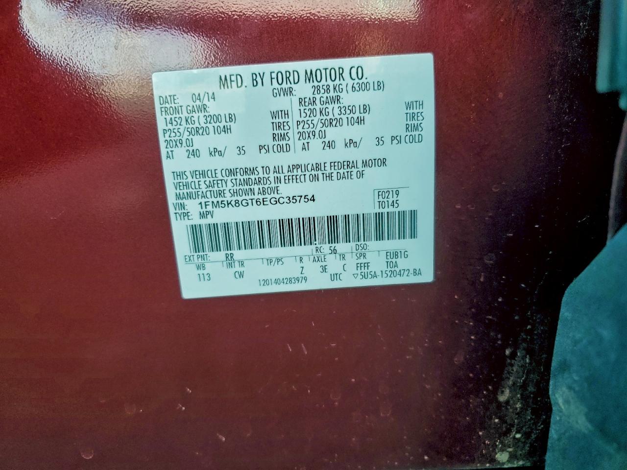 2014 Ford Explorer Sport VIN: 1FM5K8GT6EGC35754 Lot: 94244635