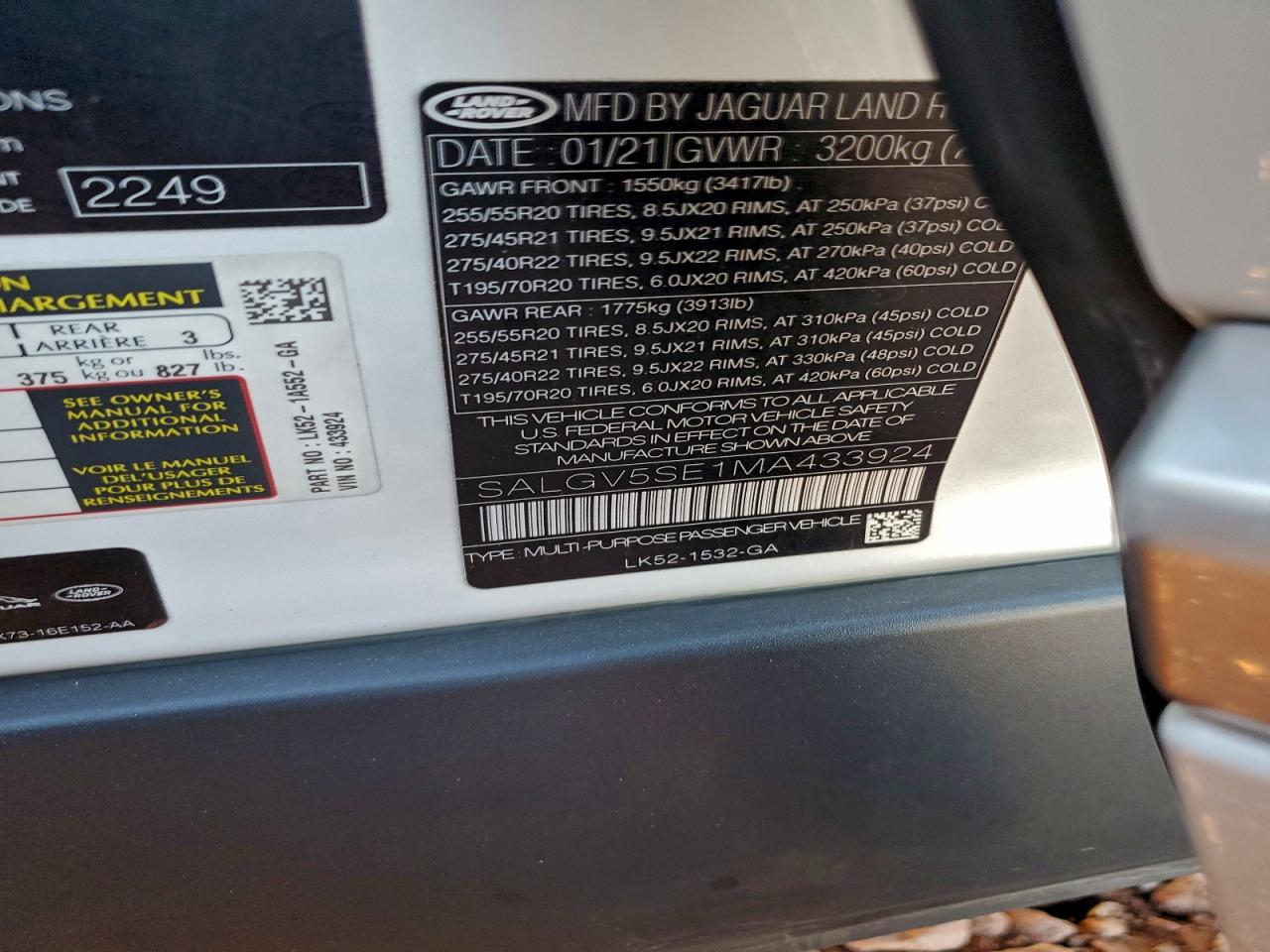 2021 Land Rover Range Rover Autobiography VIN: SALGV5SE1MA433924 Lot: 94112335