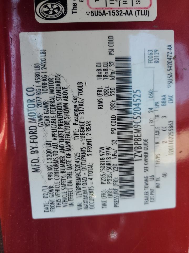 2012 Ford Mustang VIN: 1ZVBP8EM9C5204525 Lot: 93432085