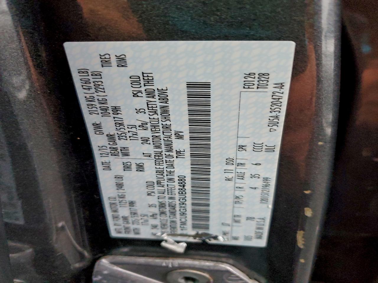 2016 Ford Escape Se VIN: 1FMCU9GX9GUB84880 Lot: 94567805