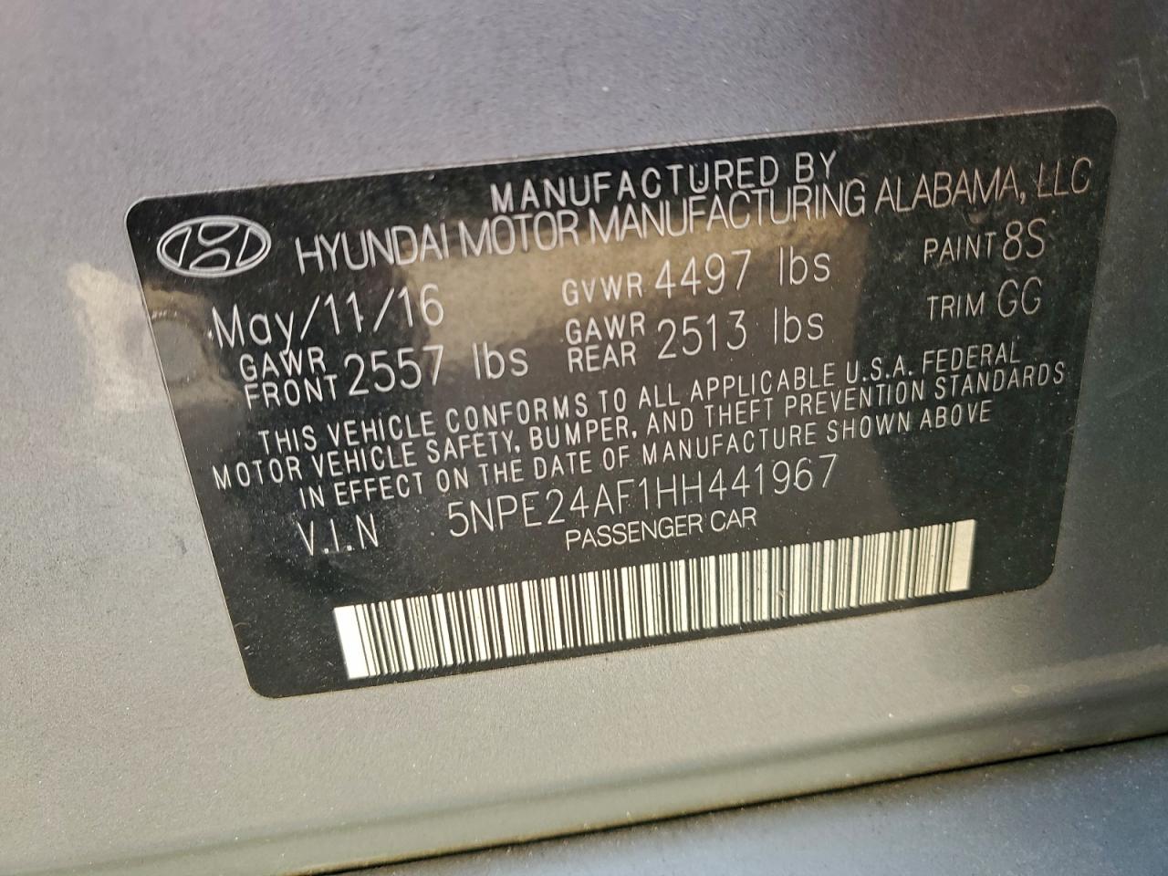 2017 Hyundai Sonata Se VIN: 5NPE24AF1HH441967 Lot: 94260205