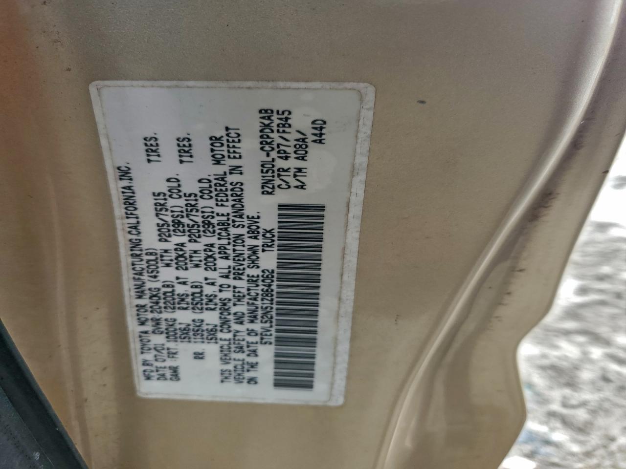 2001 Toyota Tacoma Xtracab VIN: 5TEVL52N51Z864062 Lot: 93101045