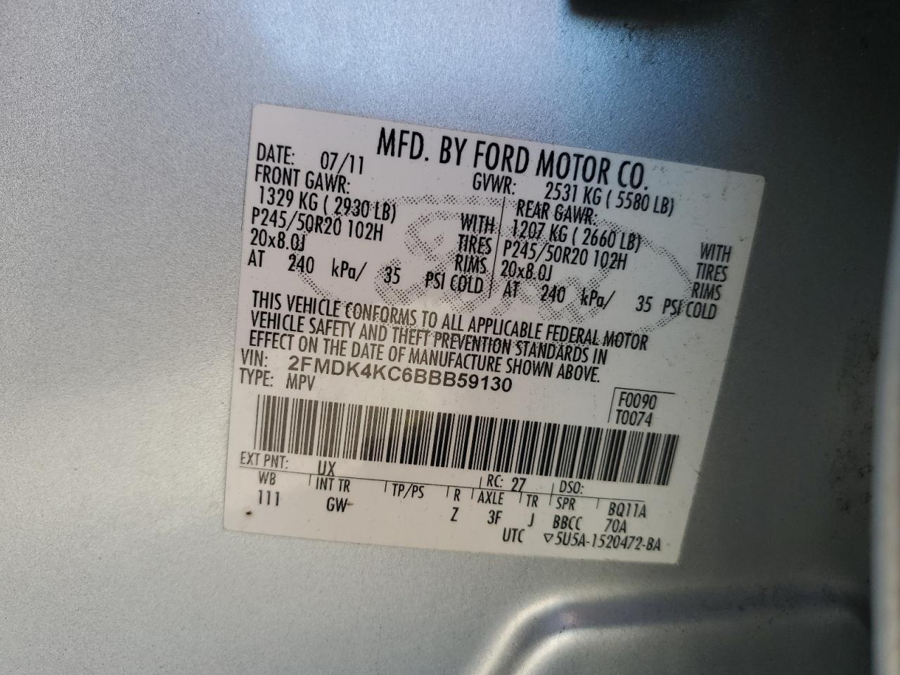 2011 Ford Edge Limited VIN: 2FMDK4KC6BBB59130 Lot: 90743235