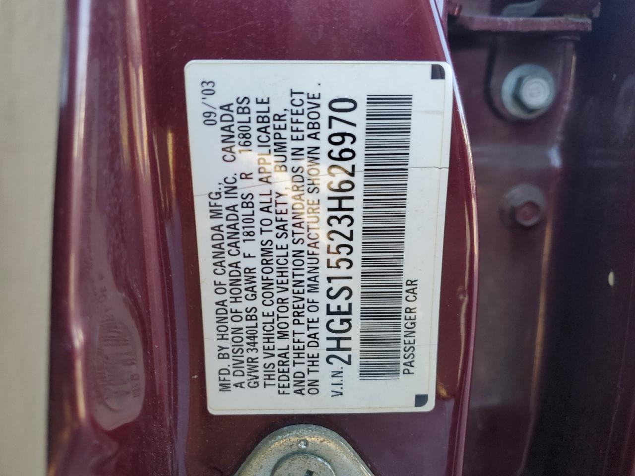 2003 Honda Civic Lx VIN: 2HGES15523H626970 Lot: 92487945