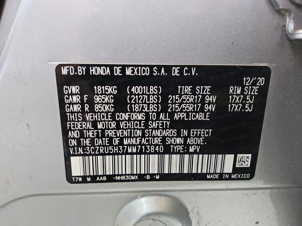 2021 Honda Hr-V Lx VIN: 3CZRU5H37MM713840 Lot: 92452705