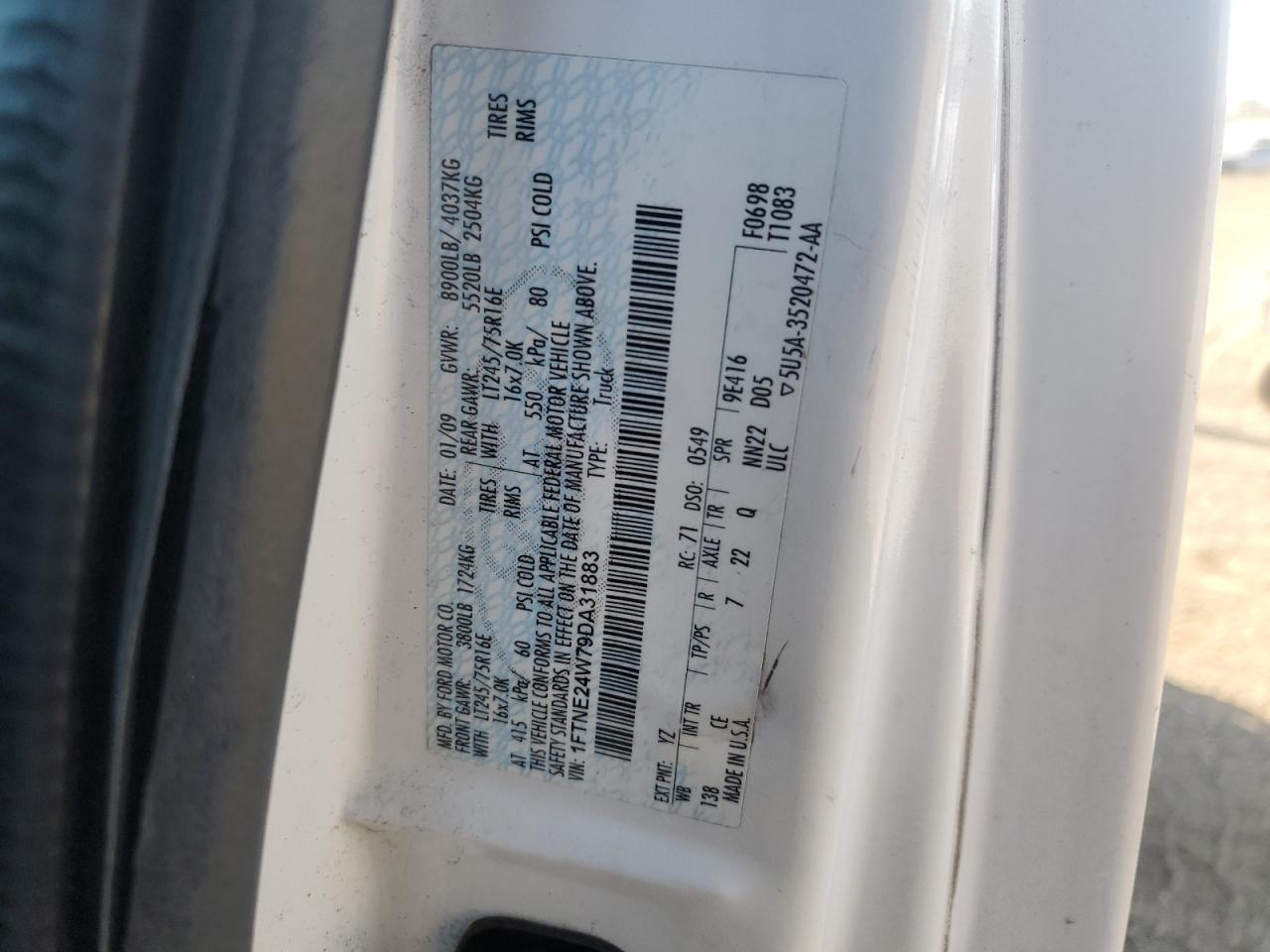 2009 Ford Econoline E250 Van VIN: 1FTNE24W79DA31883 Lot: 90901855