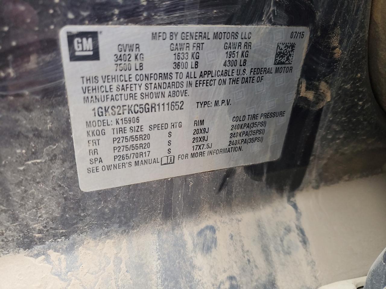 2016 GMC Yukon Xl K1500 Sle VIN: 1GKS2FKC5GR111652 Lot: 93256165