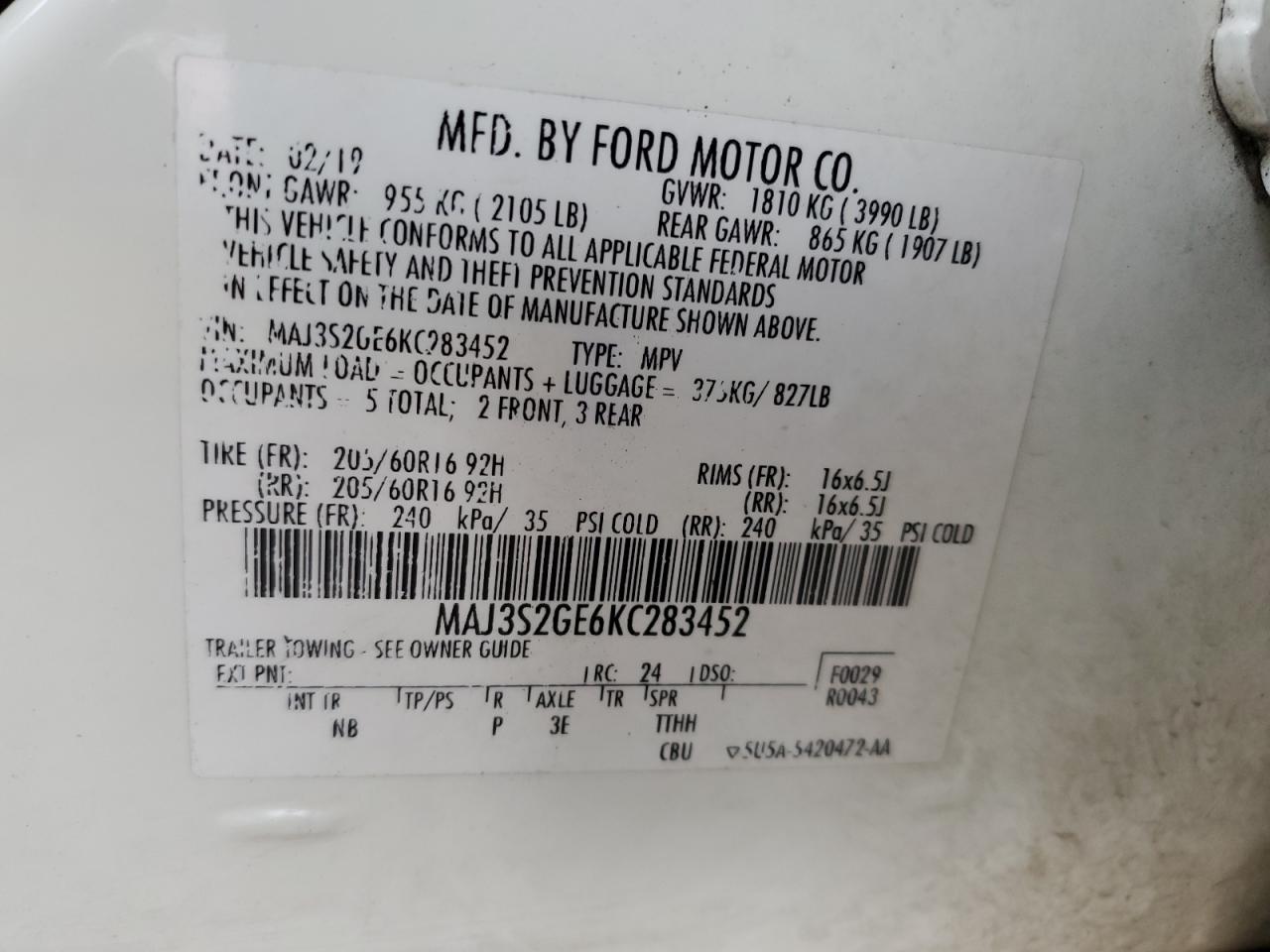 2019 Ford Ecosport Se VIN: MAJ3S2GE6KC283452 Lot: 92099065