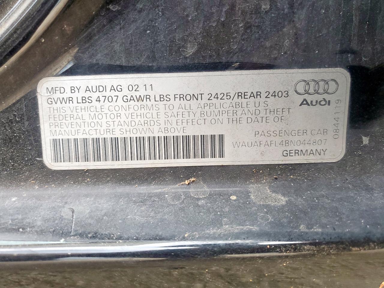 2011 Audi A4 Premium VIN: WAUAFAFL4BN044807 Lot: 93216115