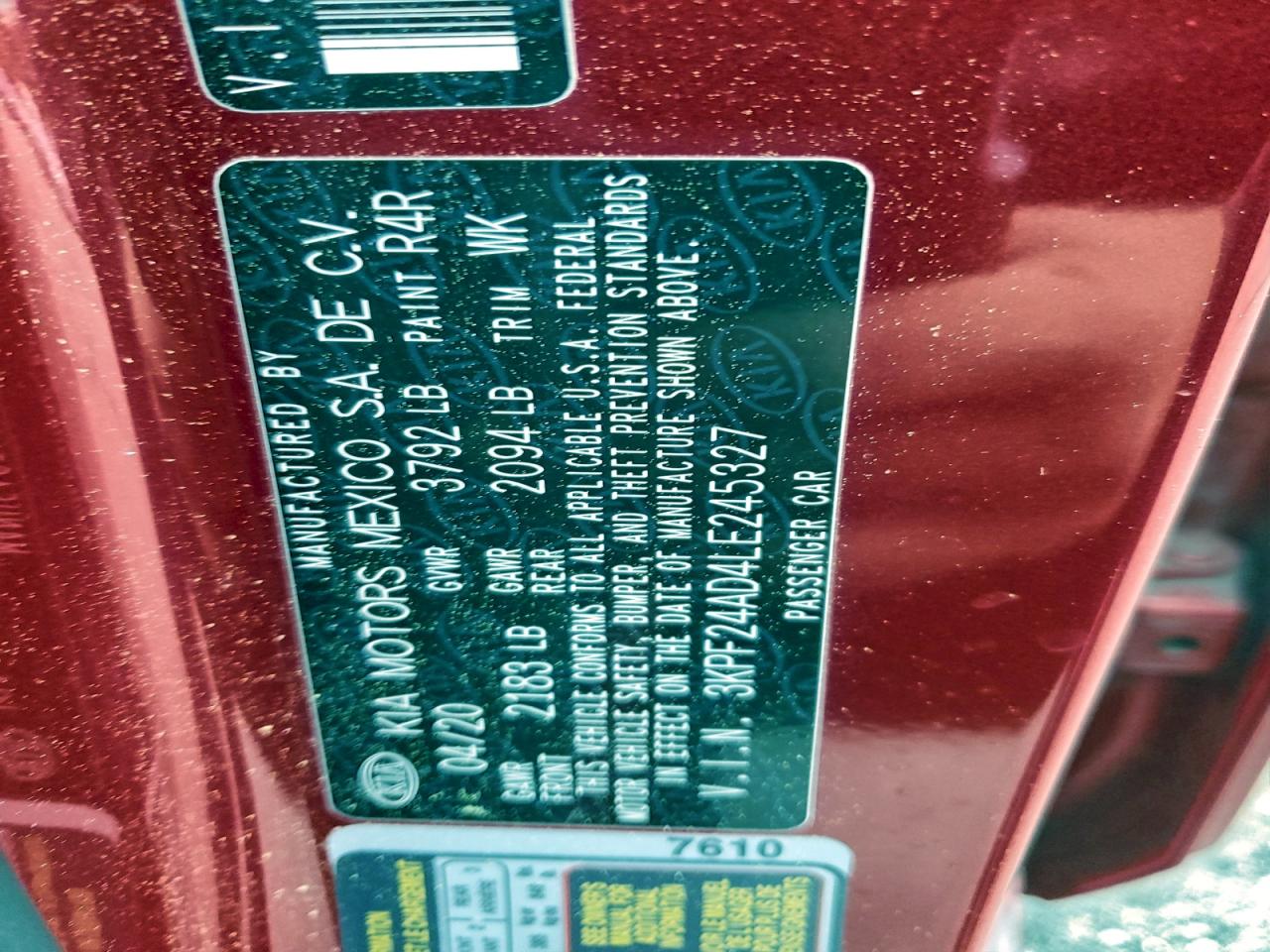 2020 Kia Forte Fe VIN: 3KPF24AD4LE245327 Lot: 93636105