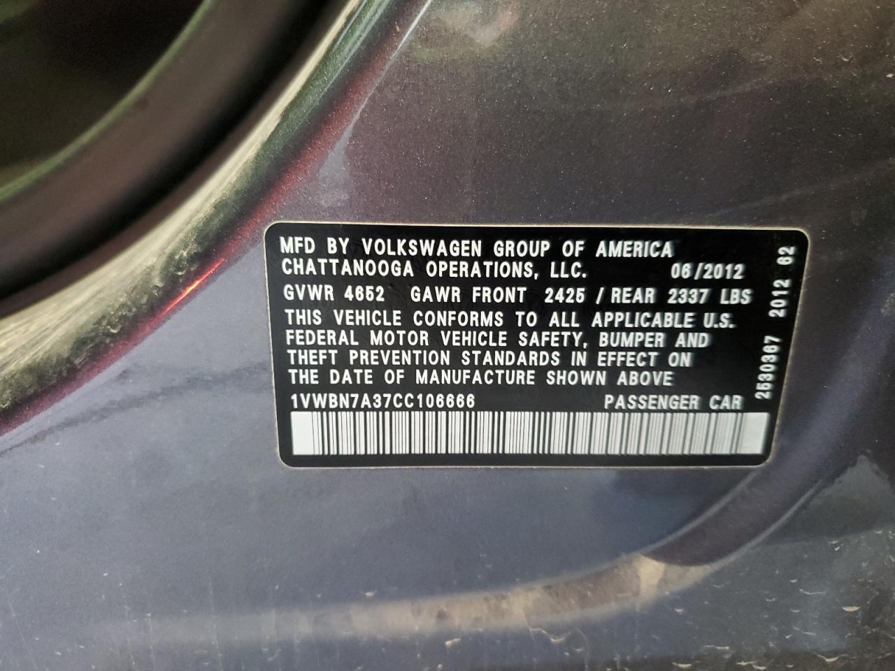 2012 Volkswagen Passat Se VIN: 1VWBN7A37CC106666 Lot: 90424805