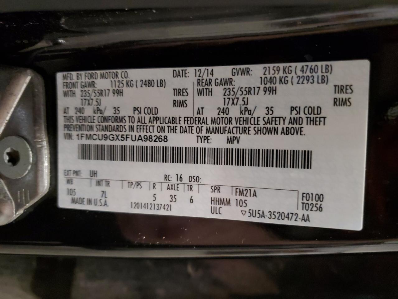 2015 Ford Escape Se VIN: 1FMCU9GX5FUA98268 Lot: 92900585