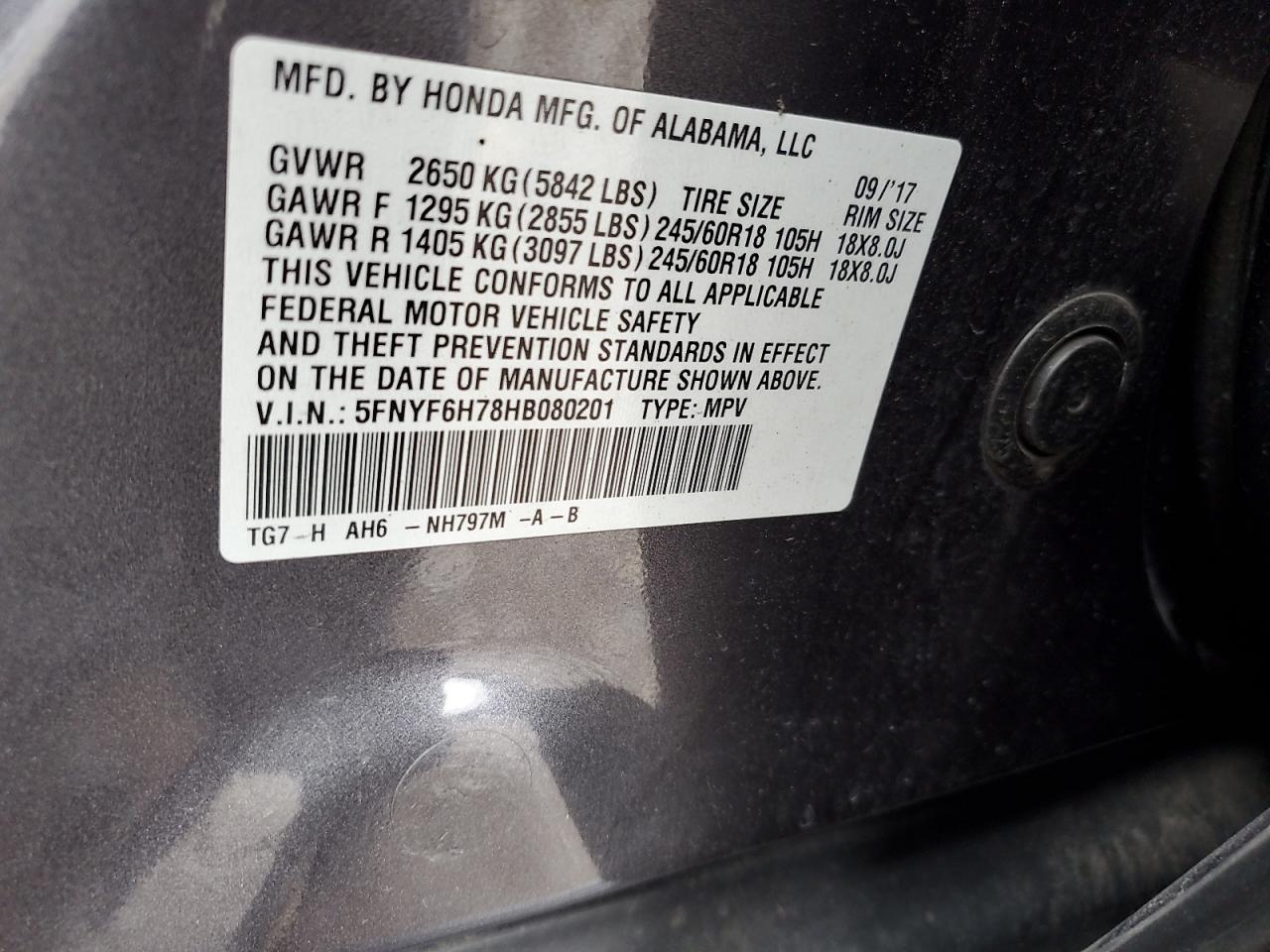 2017 Honda Pilot Exln VIN: 5FNYF6H78HB080201 Lot: 92297305