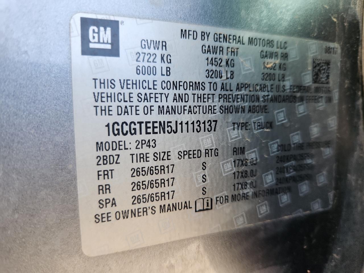 2018 Chevrolet Colorado Zr2 VIN: 1GCGTEEN5J1113137 Lot: 93298265