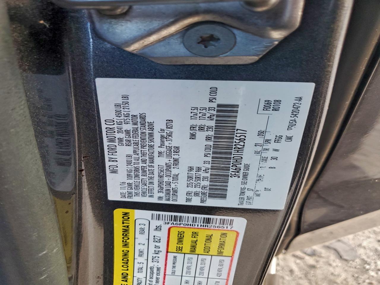 2017 Ford Fusion Se VIN: 3FA6P0HD1HR256517 Lot: 94535965