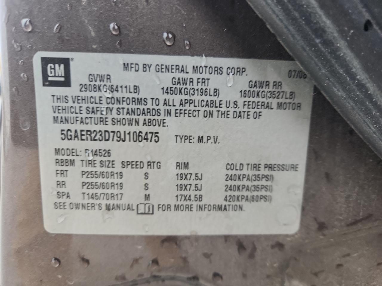 2009 Buick Enclave Cxl VIN: 5GAER23D79J106475 Lot: 93369255