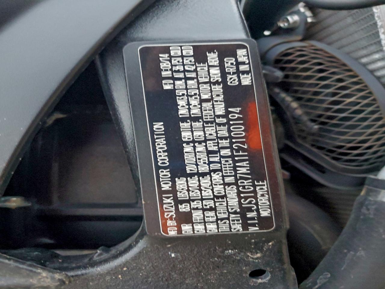 2015 Suzuki Gsx-R750 VIN: JS1GR7MA1F2100194 Lot: 93819545