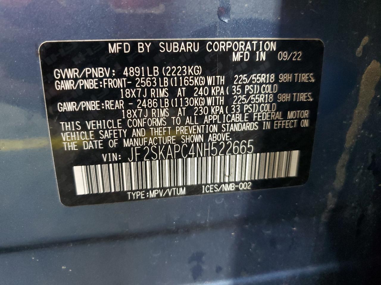 2022 Subaru Forester Limited VIN: JF2SKAPC4NH522665 Lot: 93652285