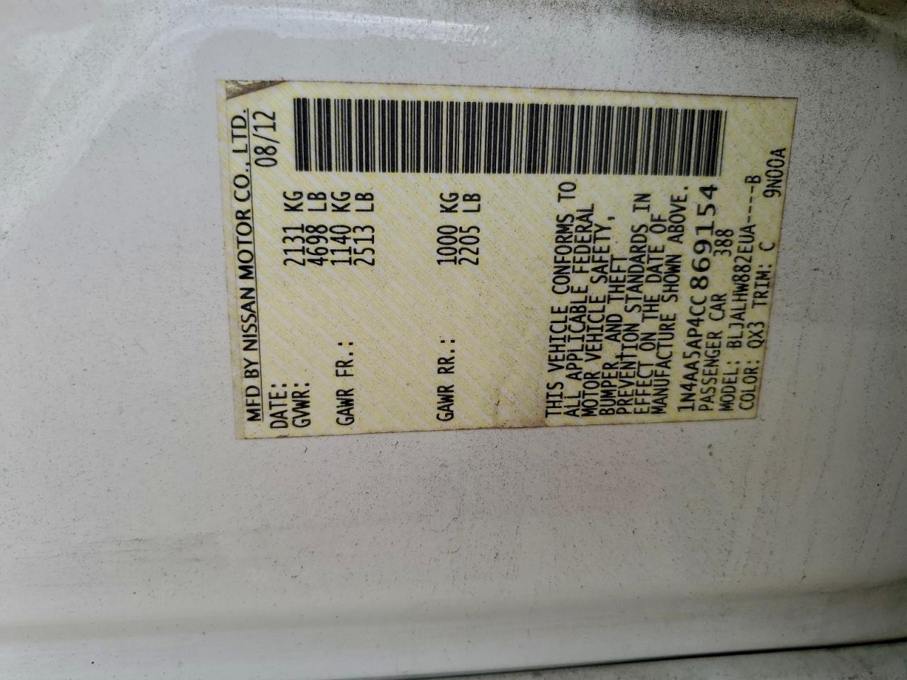 2012 Nissan Maxima S VIN: 1N4AA5AP4CC869154 Lot: 93751395