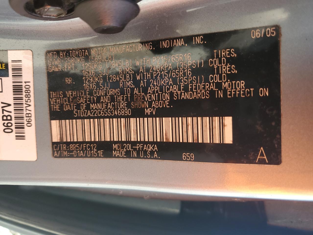 2005 Toyota Sienna Xle VIN: 5TDZA22C65S346890 Lot: 92927155