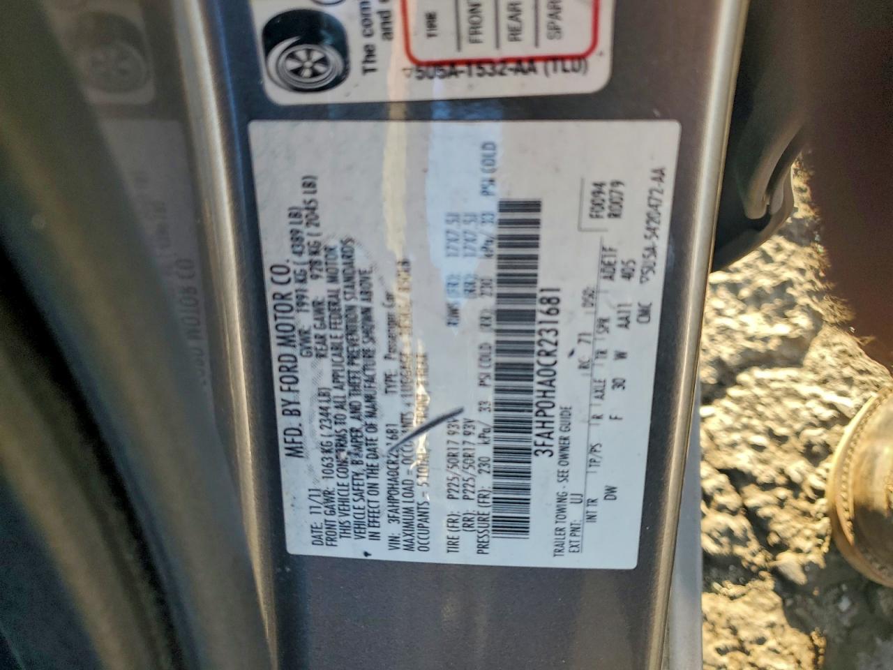 2012 Ford Fusion Se VIN: 3FAHP0HA0CR231681 Lot: 94542985