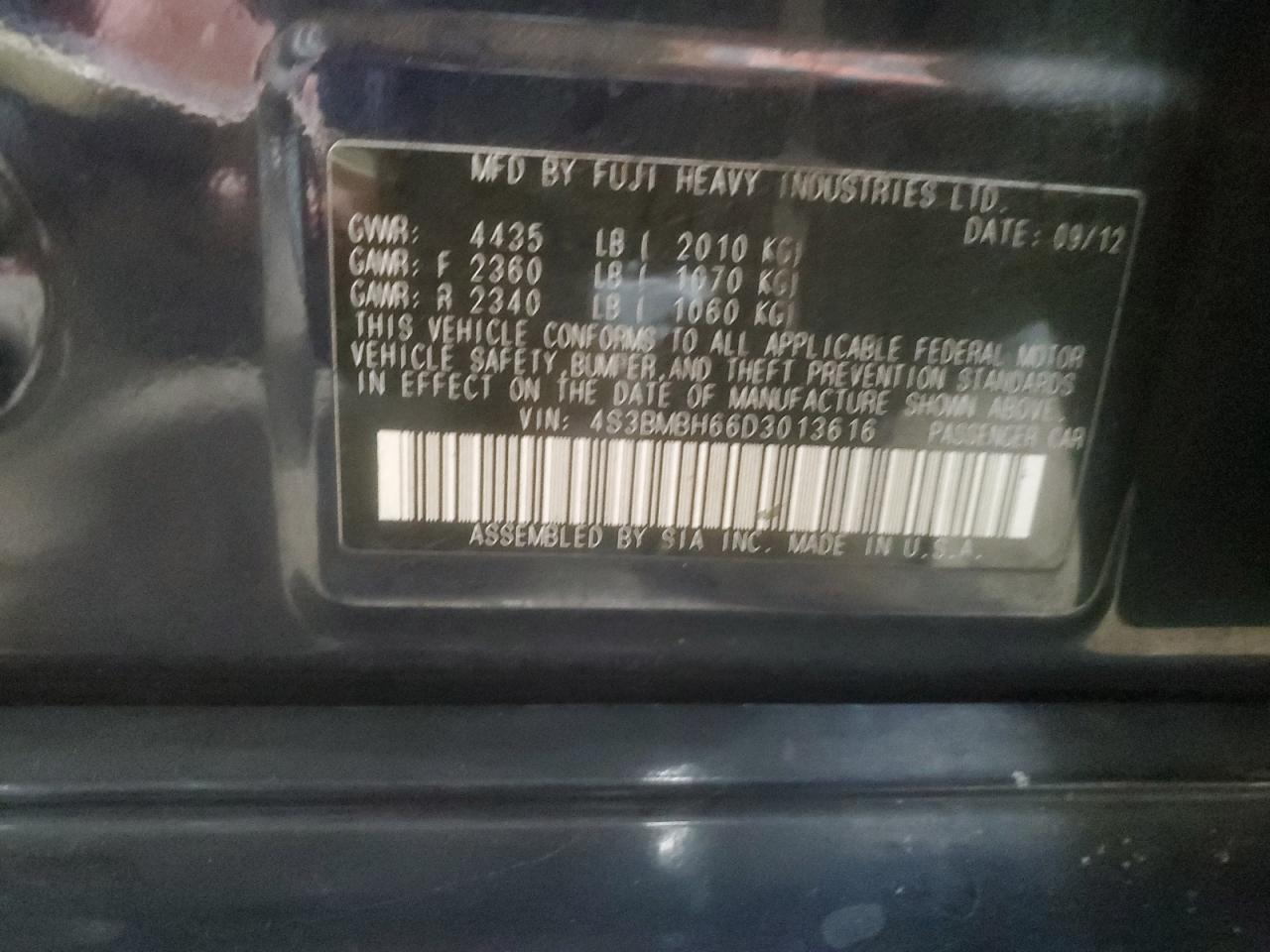 2013 Subaru Legacy 2.5I Premium VIN: 4S3BMBH66D3013616 Lot: 92262245