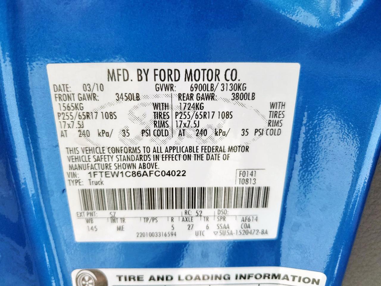 2010 Ford F150 Supercrew VIN: 1FTEW1C86AFC04022 Lot: 92035325