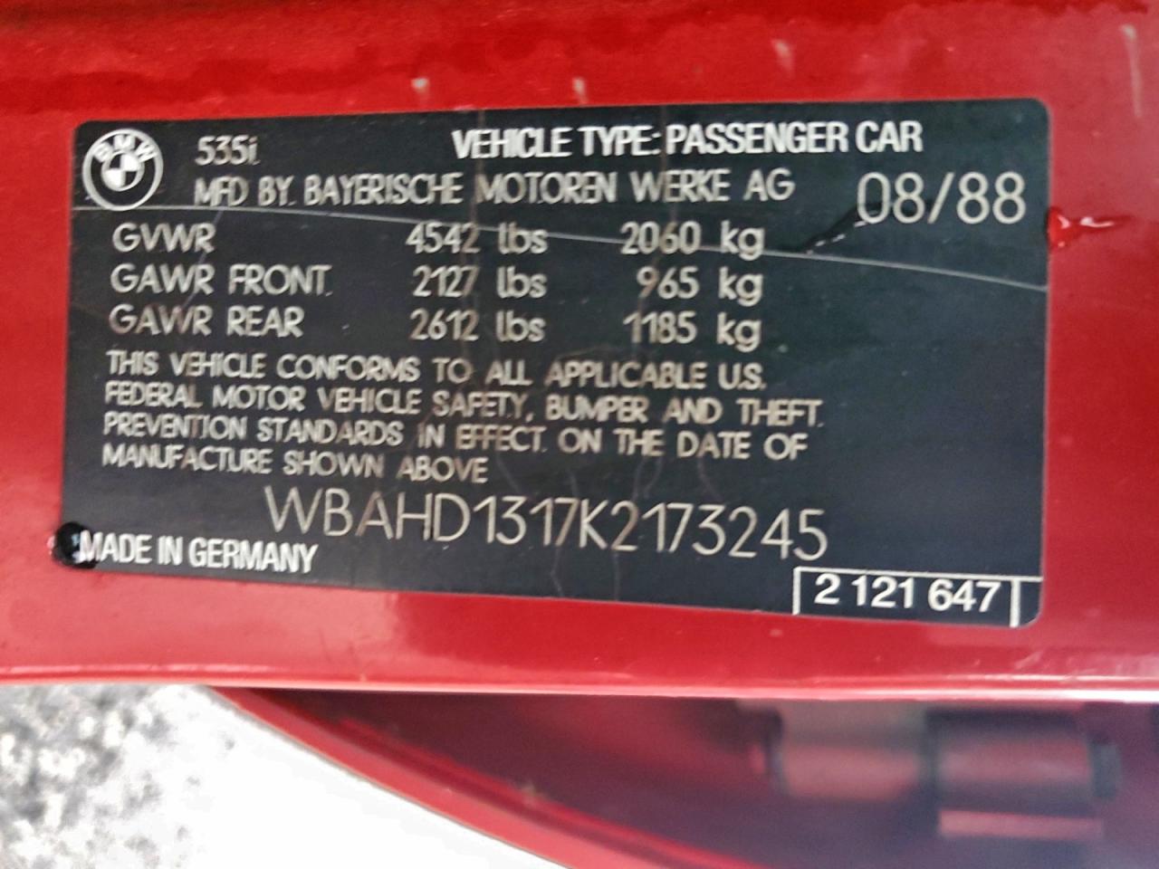 1989 BMW 535 I VIN: WBAHD1317K2173245 Lot: 94755545