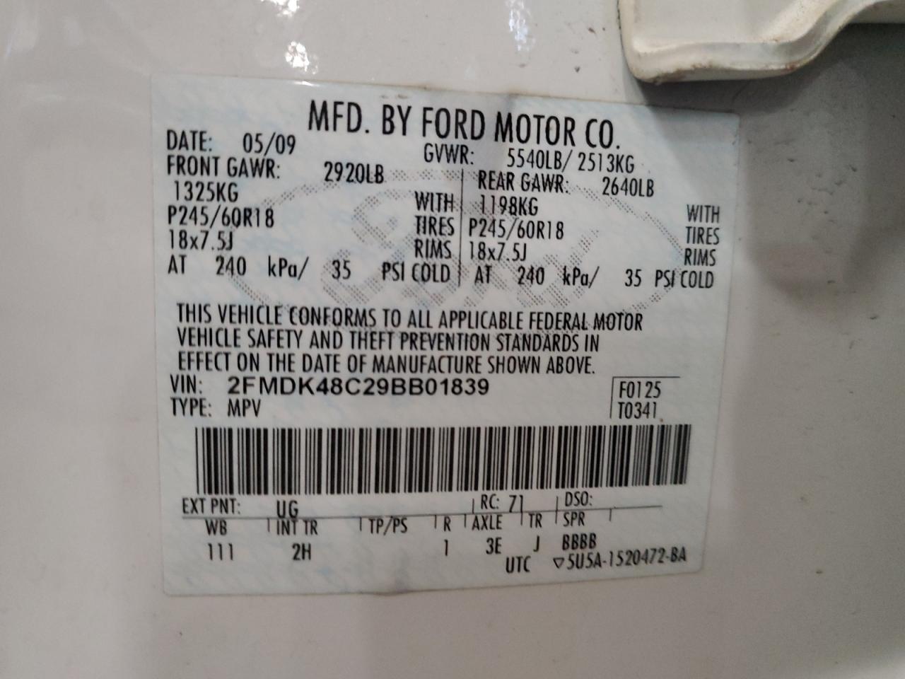 2009 Ford Edge Sel VIN: 2FMDK48C29BB01839 Lot: 91945125