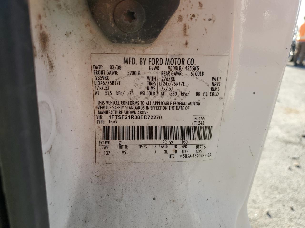 2008 Ford F250 Super Duty VIN: 1FTSF21R38ED72270 Lot: 91736055