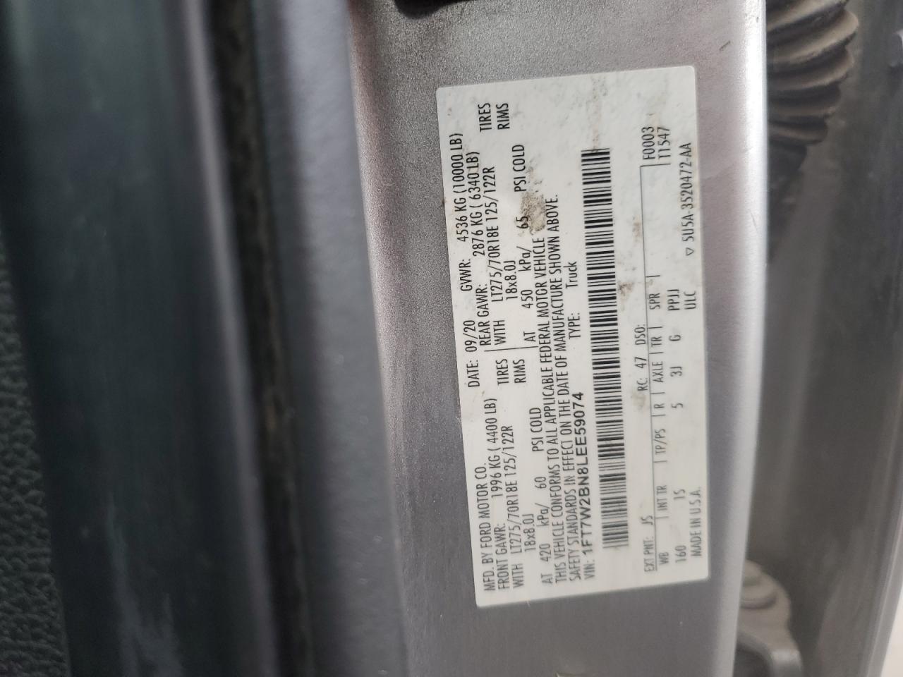 2020 Ford F250 Super Duty VIN: 1FT7W2BN8LEE59074 Lot: 92013935