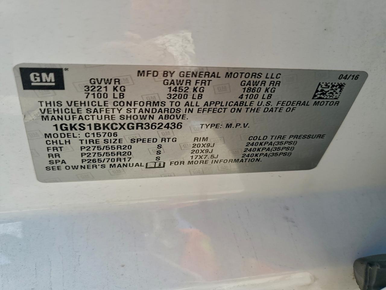 2016 GMC Yukon Slt VIN: 1GKS1BKCXGR362436 Lot: 92615625