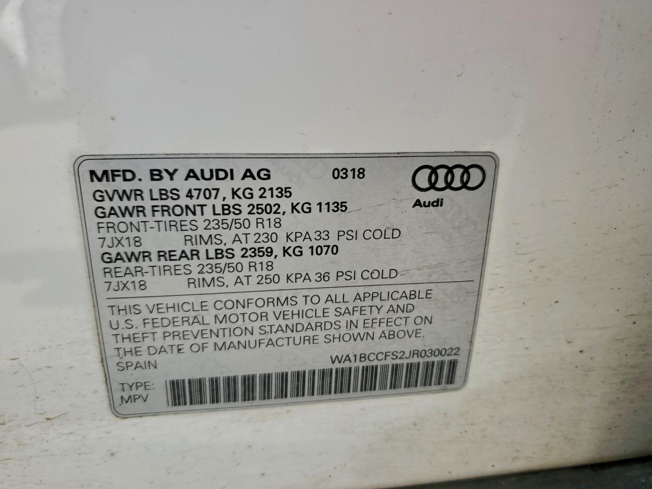 2018 Audi Q3 Premium VIN: WA1BCCFS2JR030022 Lot: 92910875