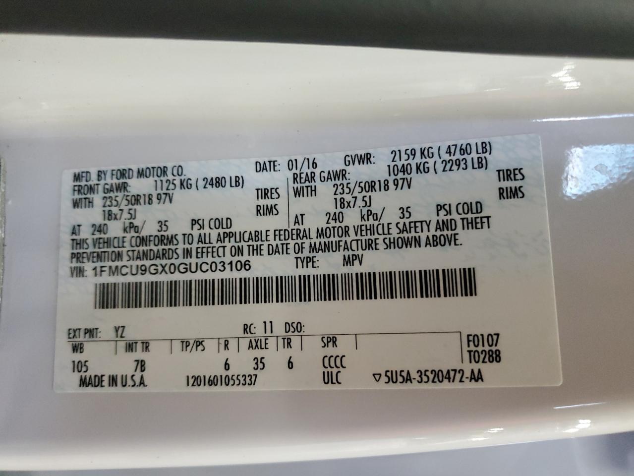 2016 Ford Escape Se VIN: 1FMCU9GX0GUC03106 Lot: 90696925