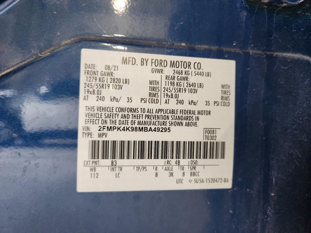 2021 Ford Edge Titanium VIN: 2FMPK4K98MBA49295 Lot: 92705025