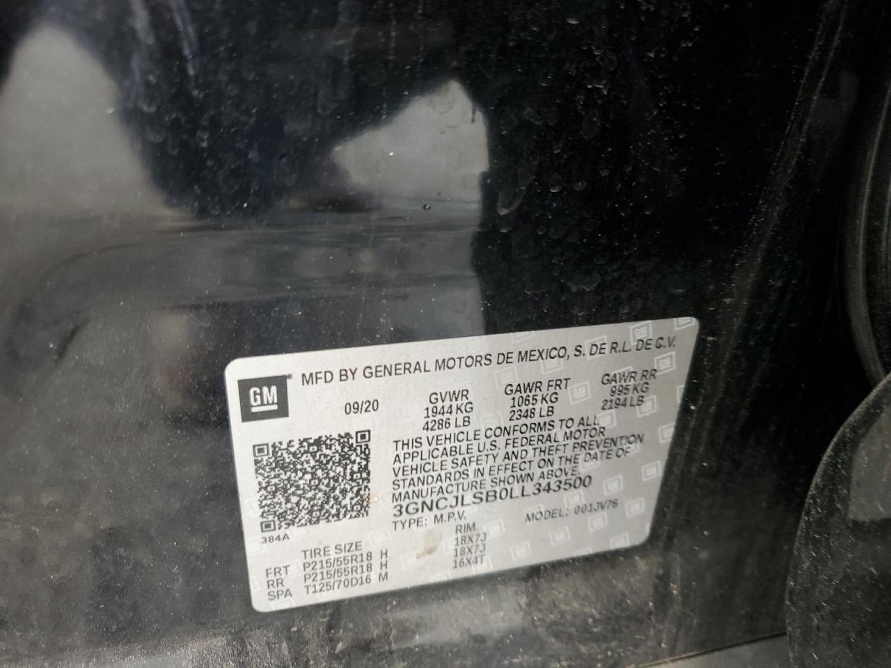 2020 Chevrolet Trax 1Lt VIN: 3GNCJLSB0LL343500 Lot: 92365875