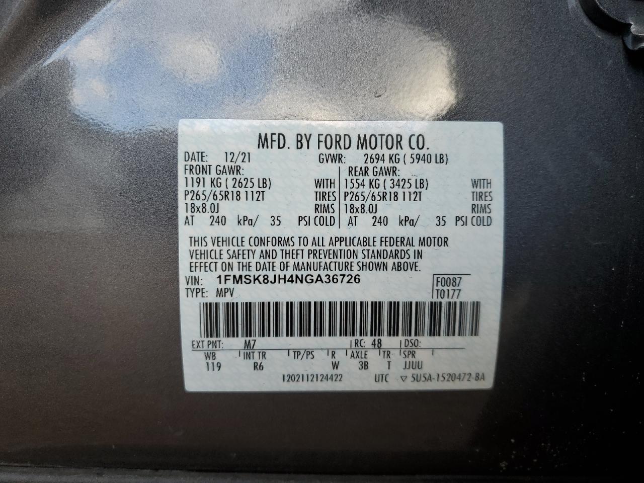 2022 Ford Explorer Timberline VIN: 1FMSK8JH4NGA36726 Lot: 92655685