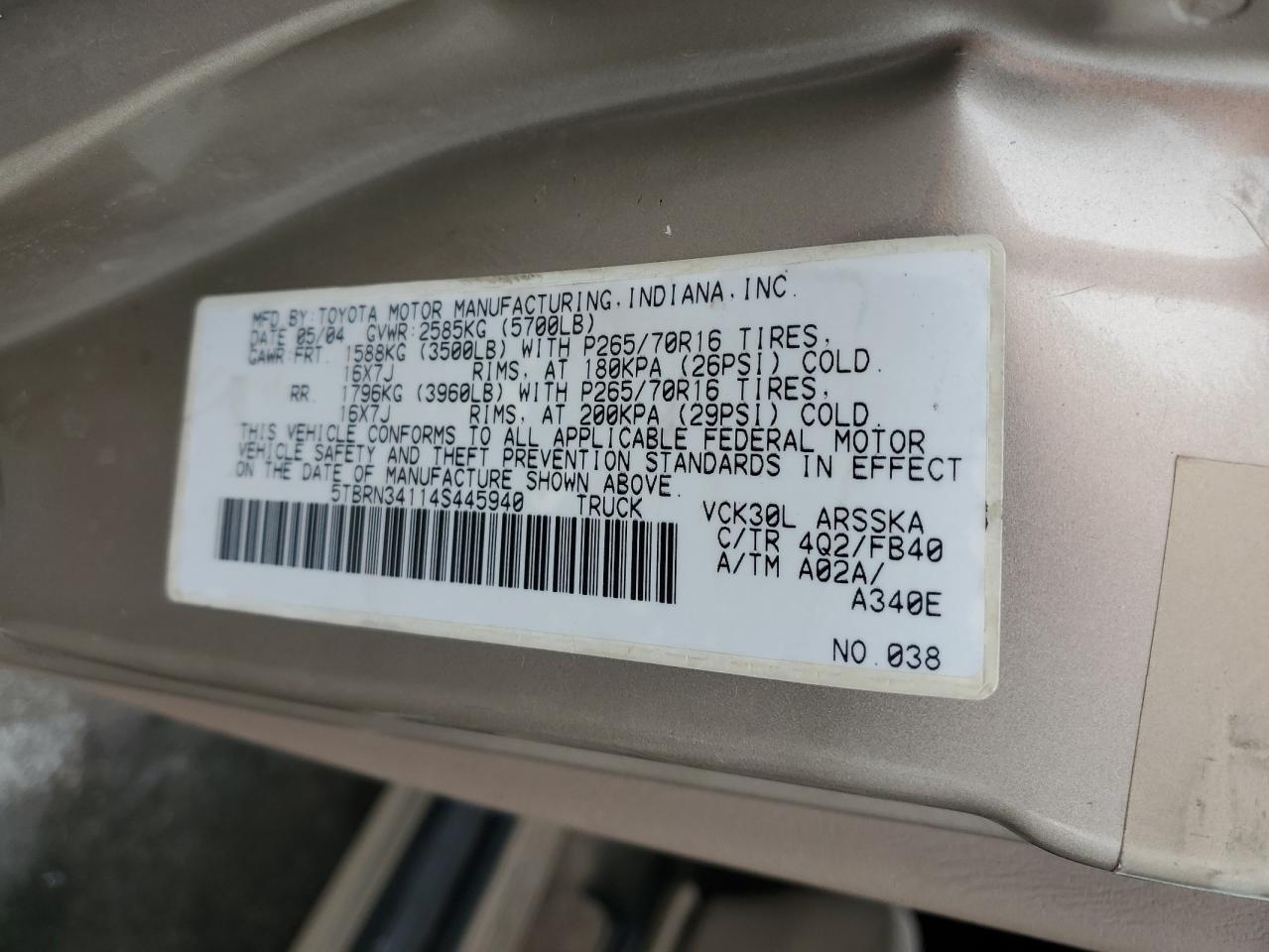 2004 Toyota Tundra Access Cab Sr5 VIN: 5TBRN34114S445940 Lot: 93881555