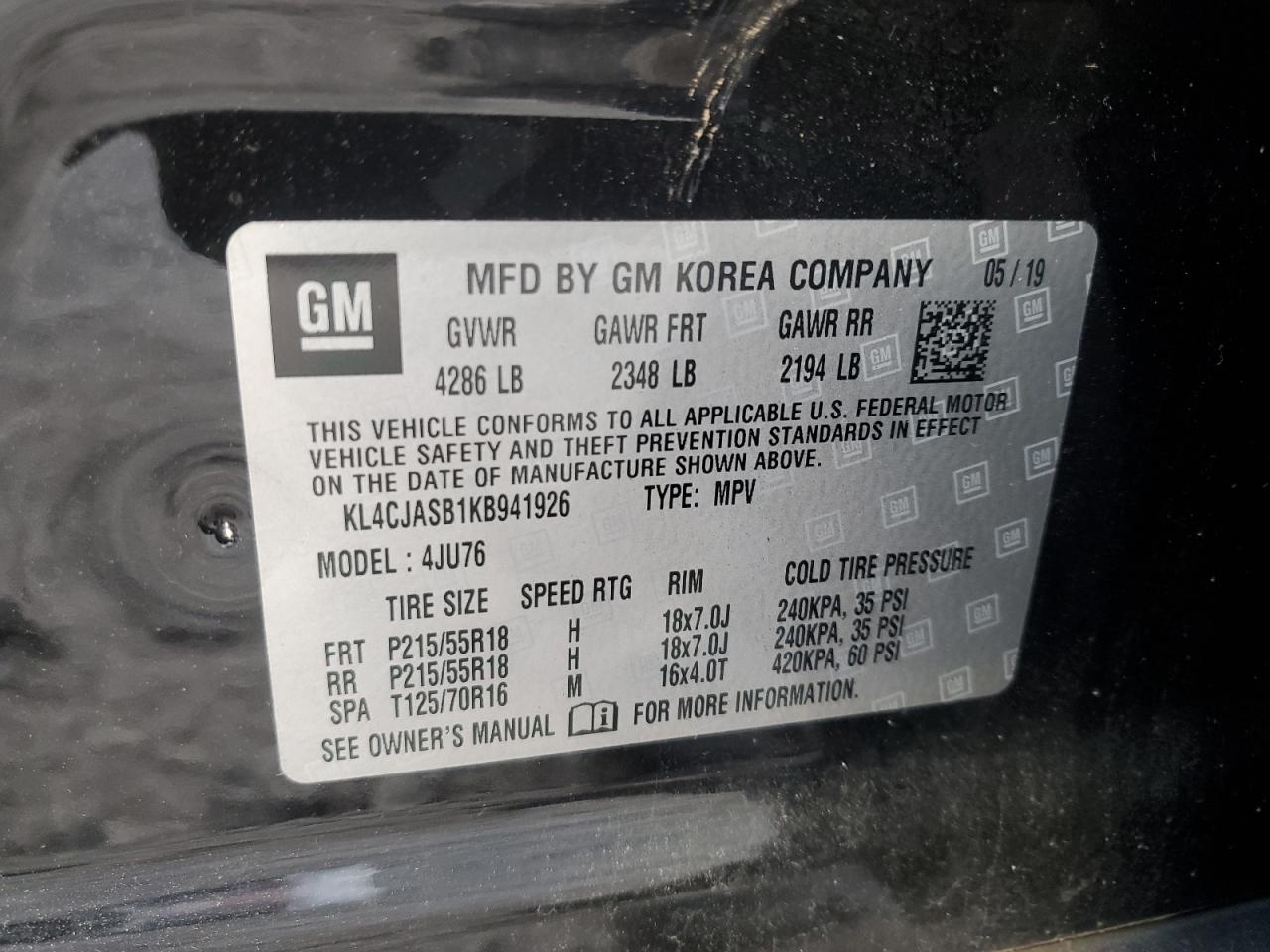 2019 Buick Encore Preferred VIN: KL4CJASB1KB941926 Lot: 85599665