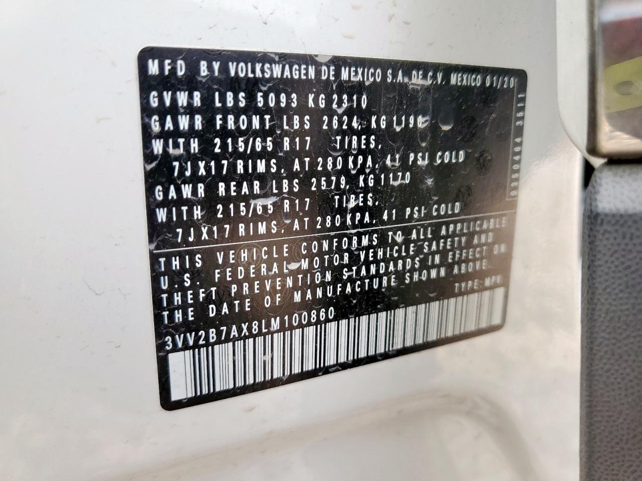 2020 Volkswagen Tiguan Se VIN: 3VV2B7AX8LM100860 Lot: 93811995