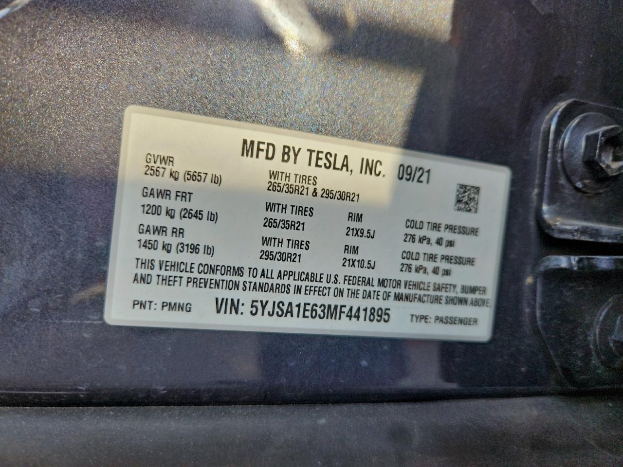 2021 Tesla Model S VIN: 5YJSA1E63MF441895 Lot: 92302145