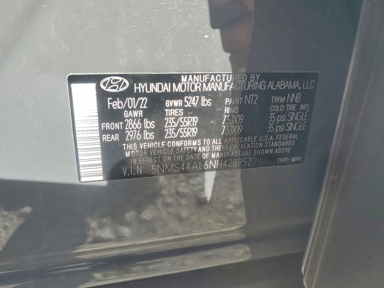 2022 Hyundai Santa Fe Limited VIN: 5NMS44AL6NH428952 Lot: 92123765