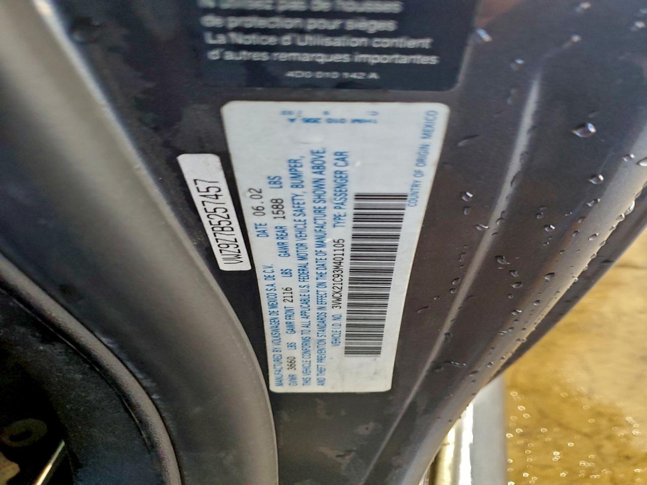 2003 Volkswagen New Beetle Gls VIN: 3VWCK21C93M401105 Lot: 93729475