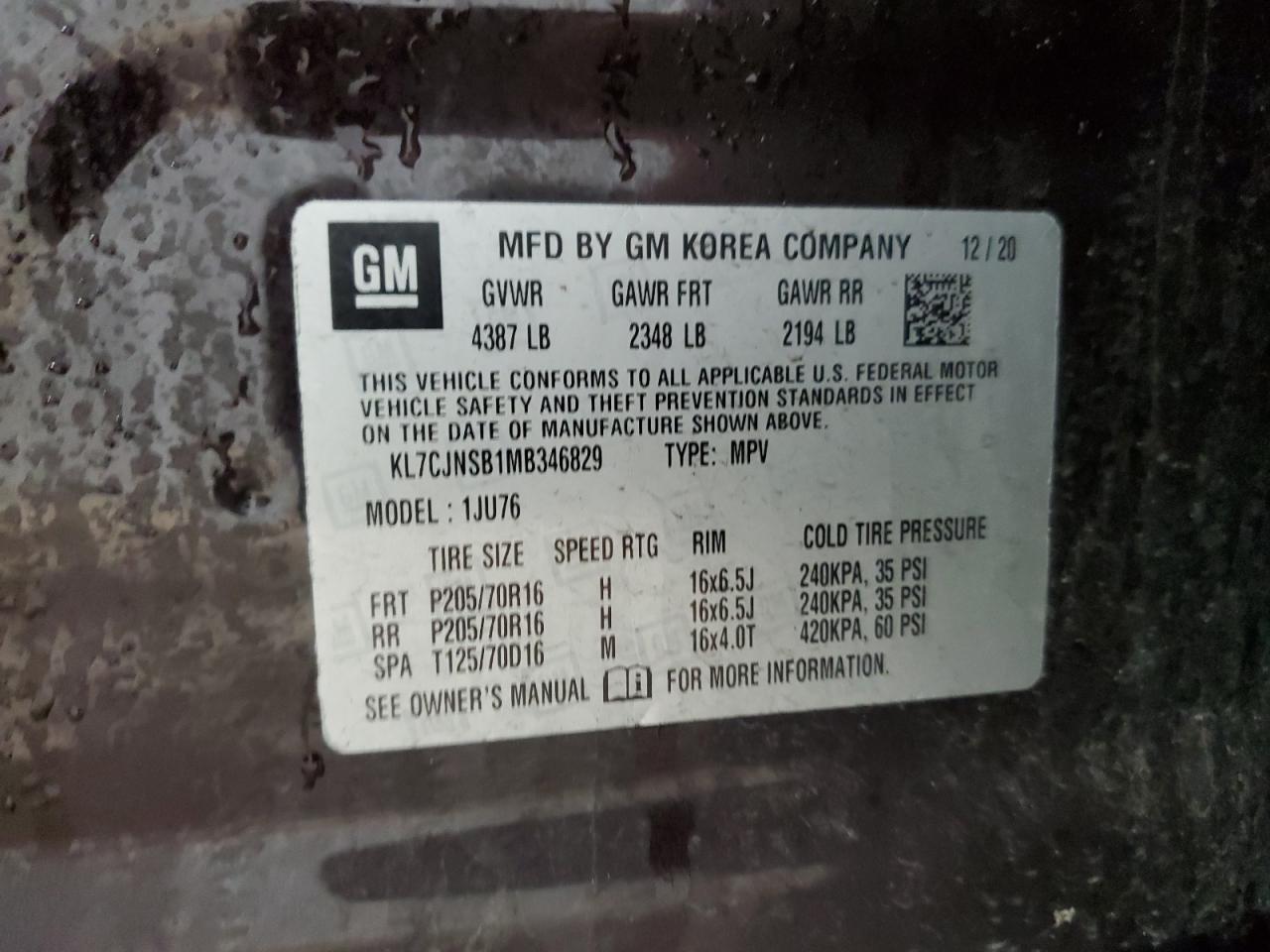 2021 Chevrolet Trax Ls VIN: KL7CJNSB1MB346829 Lot: 92887595